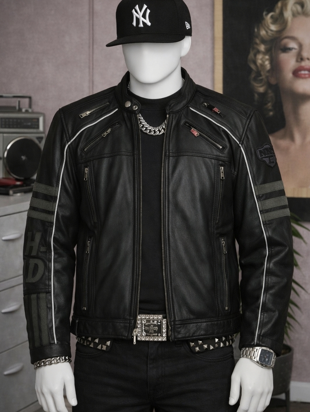 Harley‑Davidson Men’s XL Milestone Reflective Black Leather Motorcycle Jacket